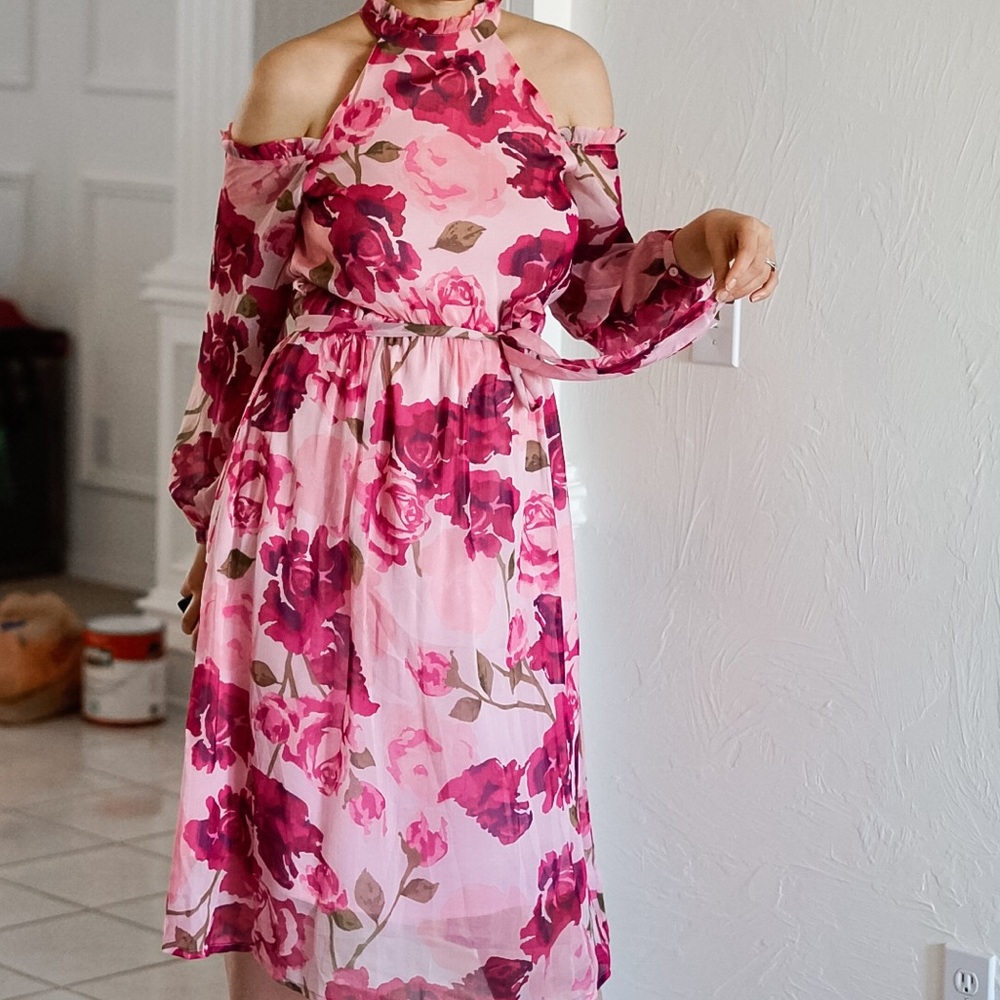Pink Floral Off Shoulder Midi Dress - Picture 5 of 12